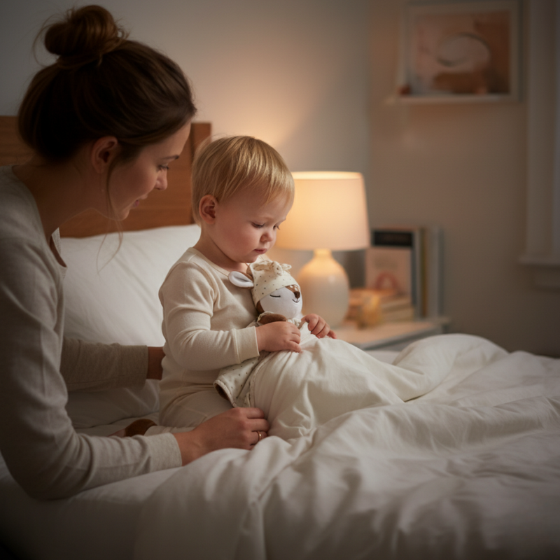 A mother tucks her child into bed, who is sitting up and holding the 'asleep' side of a Zelkii fawn LuviDuvi lovey.