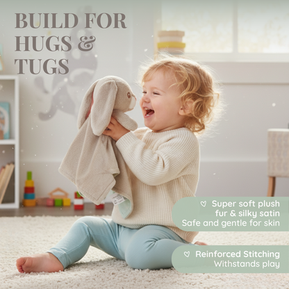 A laughing toddler sits on a rug, holding up the 'awake' side of a Zelkii bunny LuviDuvi lovey, with text 'Build for Hugs & Tugs.