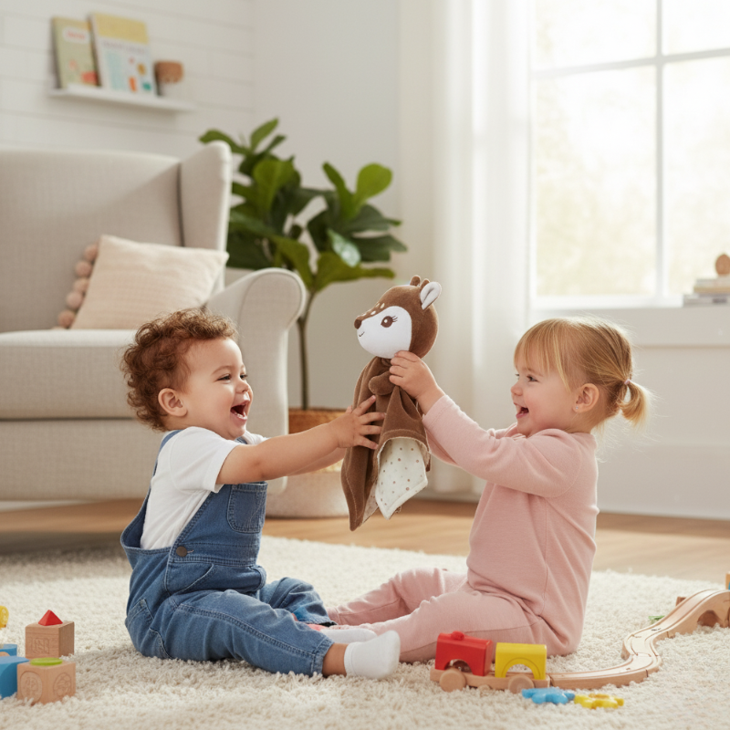 Two toddlers sit on a rug playing with the 'awake' side of a Zelkii brown fawn LuviDuvi lovey.