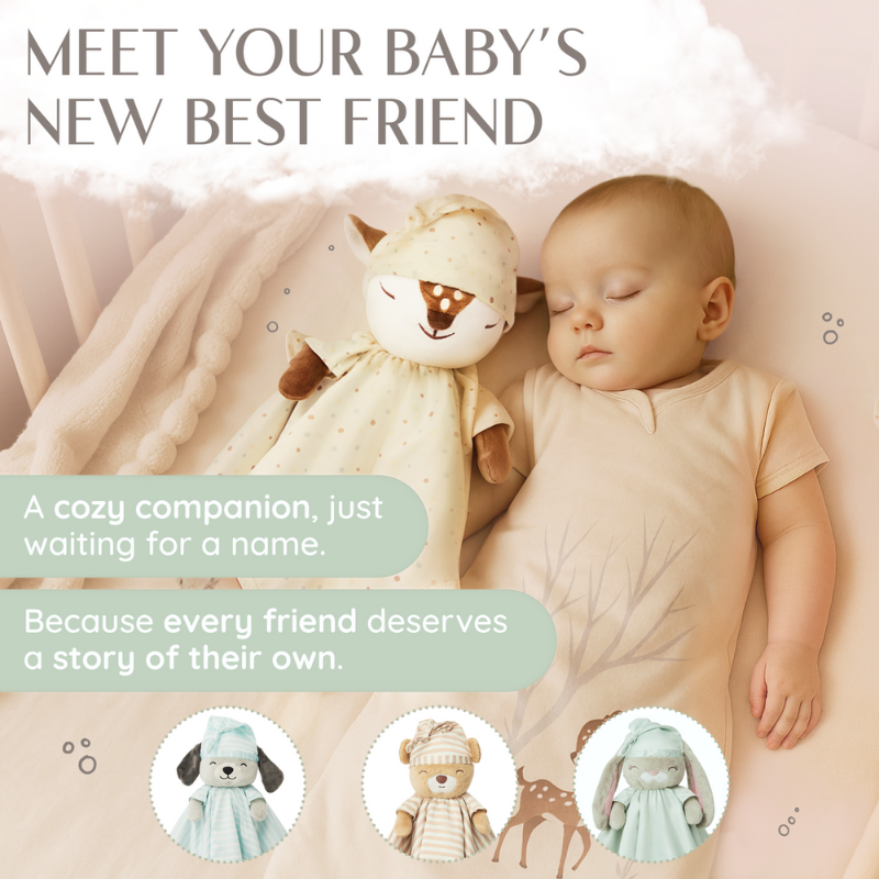 A baby sleeping peacefully in a crib next to the 'asleep' Zelkii fawn LuviDuvi lovey, with text 'Meet your baby's new best friend.