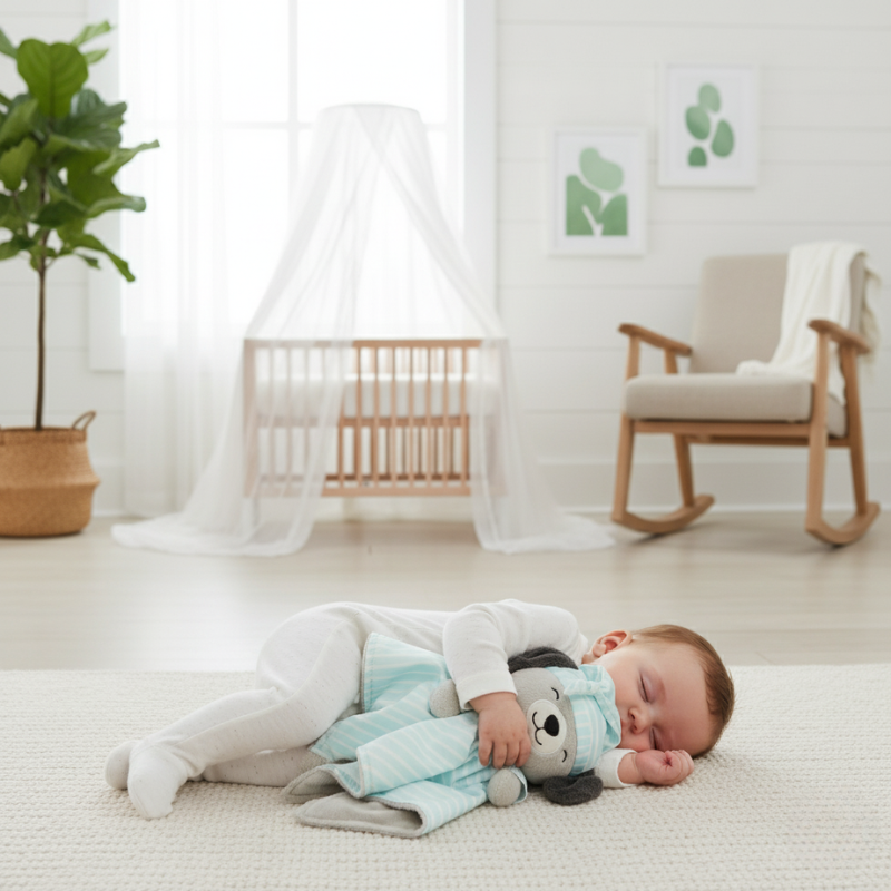 Lifestyle image of a baby sleeping with the 'asleep' Zelkii puppy LuviDuvi lovey, with a crib and rocking chair in the background.