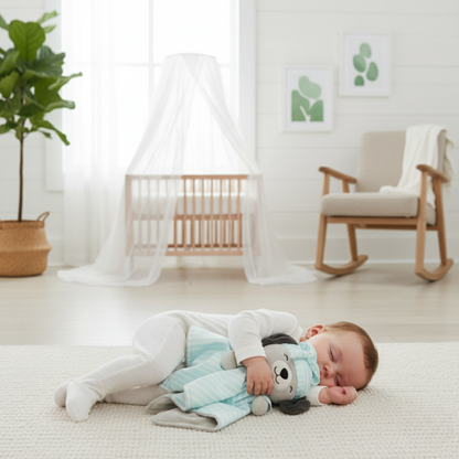 Lifestyle image of a baby sleeping with the 'asleep' Zelkii puppy LuviDuvi lovey, with a crib and rocking chair in the background.