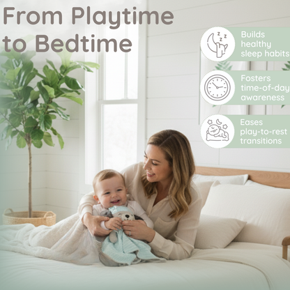 A mother and smiling baby on a bed with the 'asleep' Zelkii blue puppy LuviDuvi lovey, with text 'From Playtime to Bedtime' and icons for 'healthy sleep habits.
