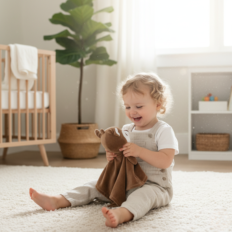 A smiling child sits on a white rug, holding and looking at the 'awake' Zelkii fawn LuviDuvi lovey.