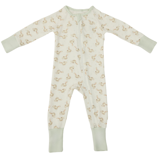 Bamboo baby and toddler pyjamas by Zelkii, featuring a YKK two-way zipper and cute bunny designs throughoiut pyjama.