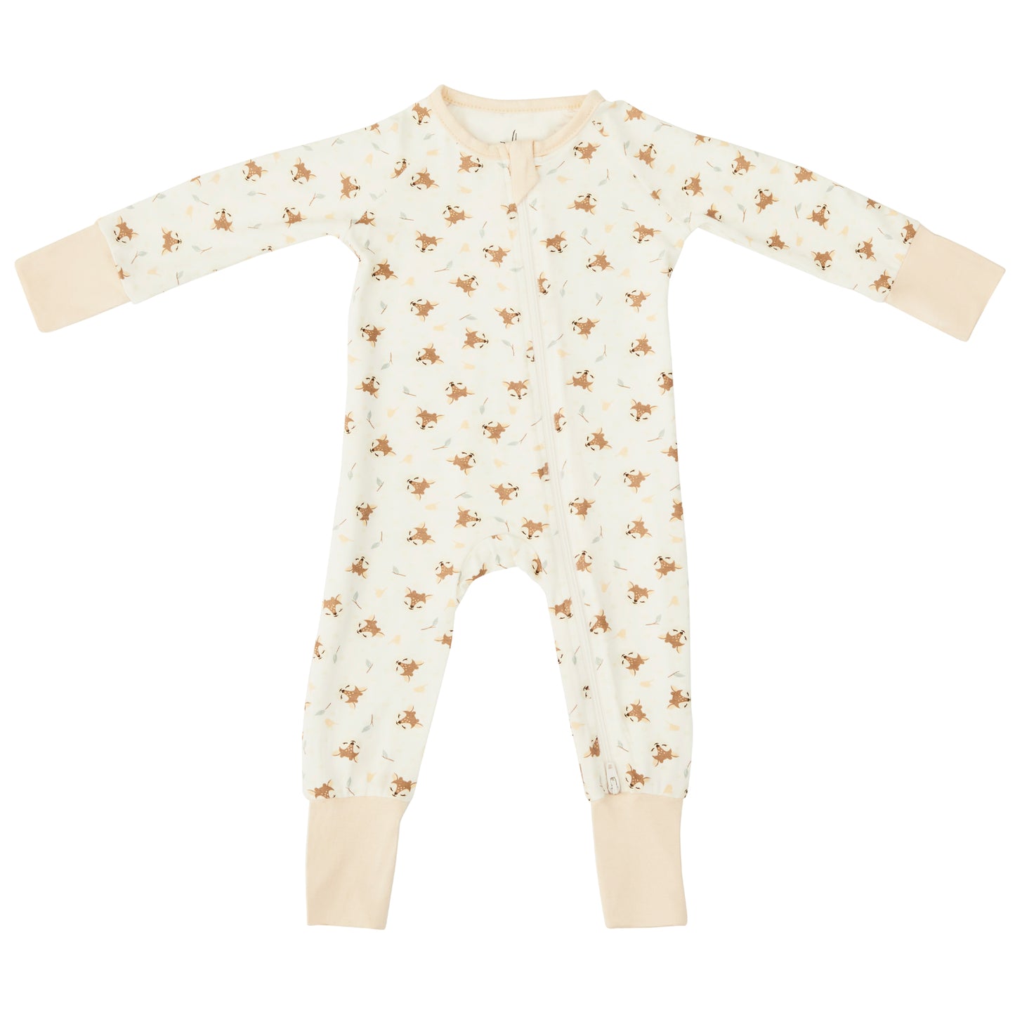 Bamboo baby and toddler pyjamas by Zelkii, featuring a YKK two-way zipper and  fawn designs all over pyjama