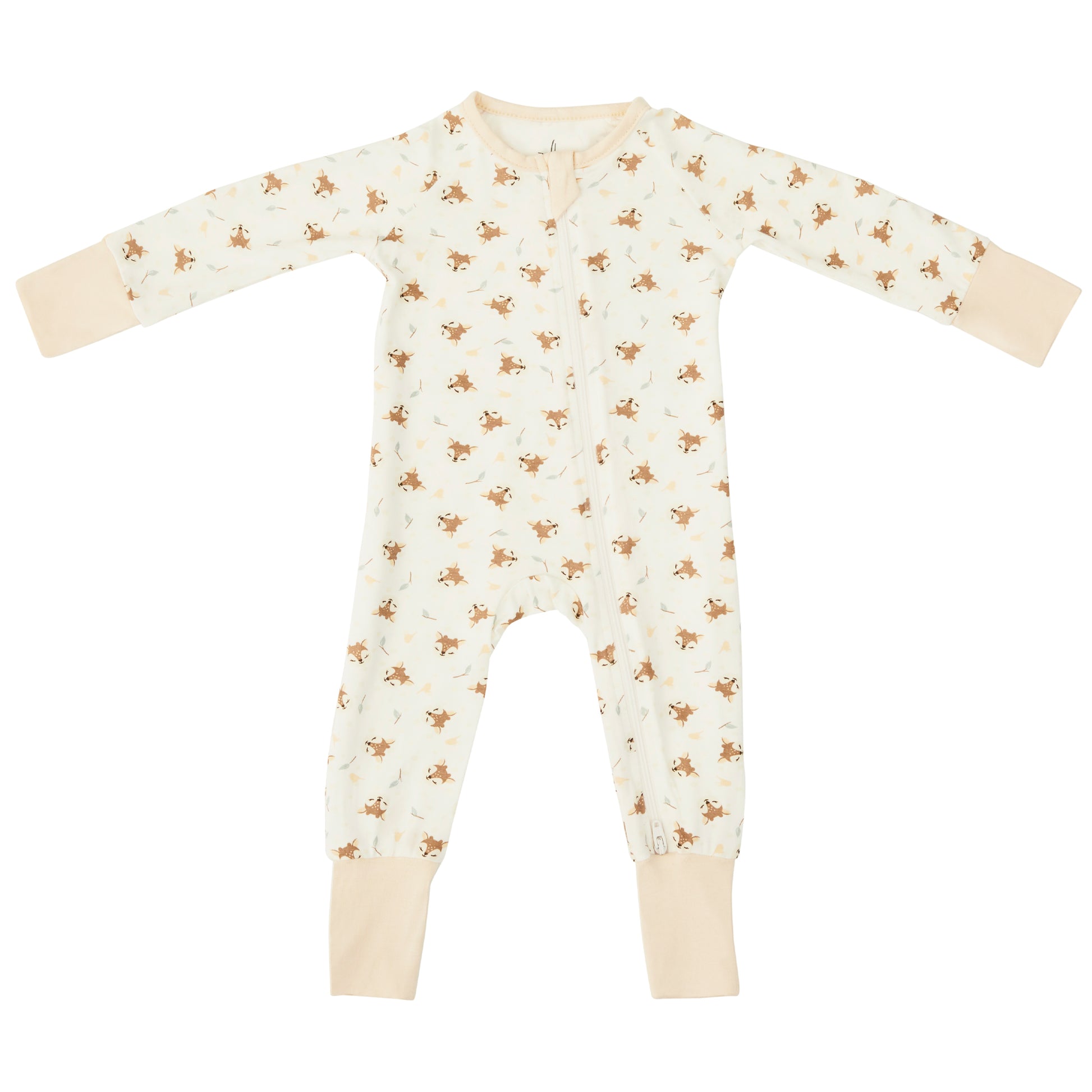 Bamboo baby and toddler pyjamas by Zelkii, featuring a YKK two-way zipper and  fawn designs all over pyjama