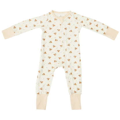 Bamboo baby and toddler pyjamas by Zelkii, featuring a YKK two-way zipper and  fawn designs all over pyjama