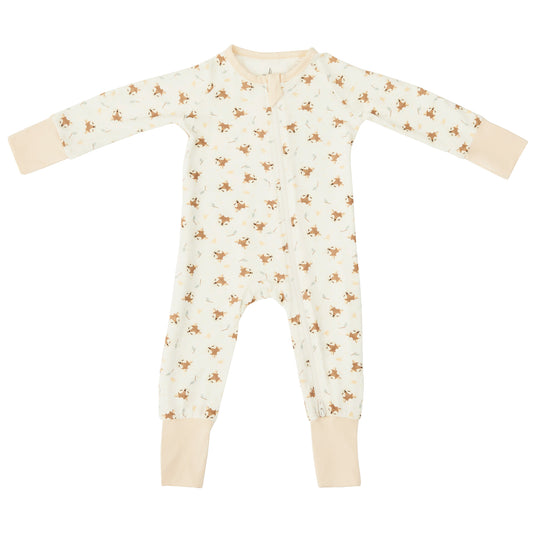 Bamboo baby and toddler pyjamas by Zelkii, featuring a YKK two-way zipper and  fawn designs all over pyjama
