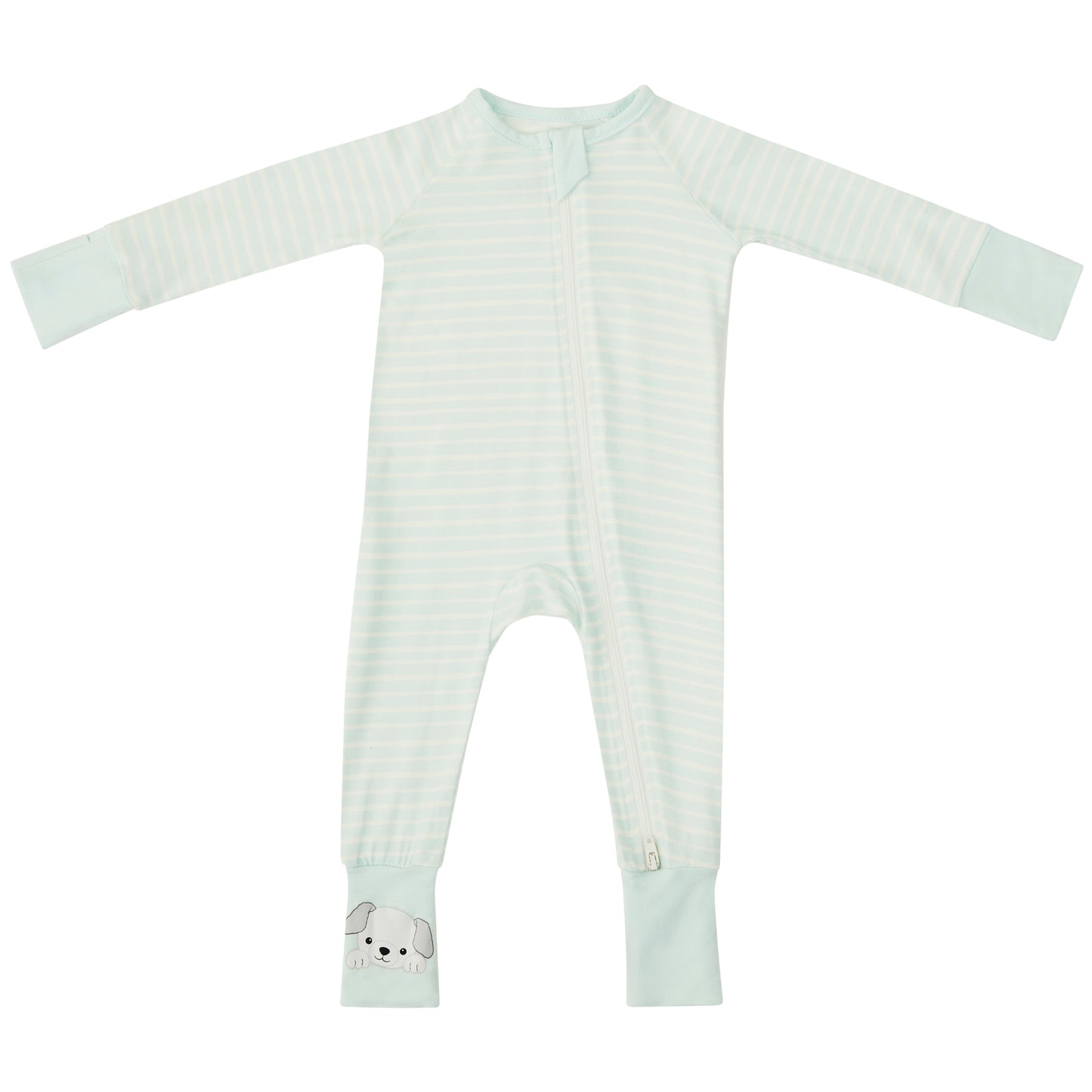 Striped bamboo baby and toddler pyjamas by Zelkii, featuring a YKK two-way zipper and a small embroidered puppy on the cuff
