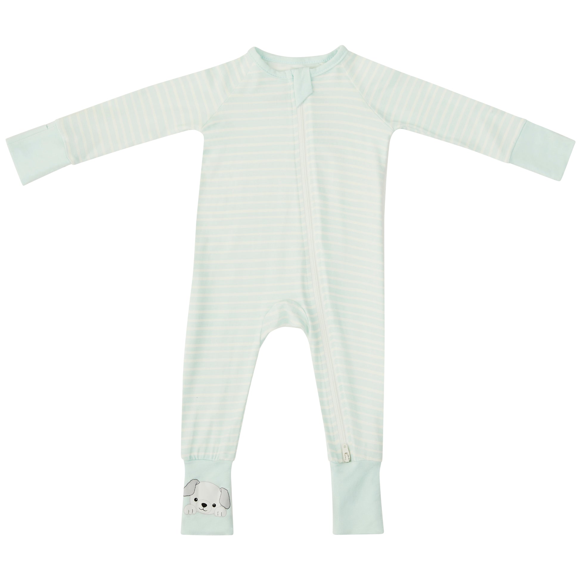 Striped bamboo baby and toddler pyjamas by Zelkii, featuring a YKK two-way zipper and a small embroidered puppy on the cuff