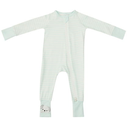 Striped bamboo baby and toddler pyjamas by Zelkii, featuring a YKK two-way zipper and a small embroidered puppy on the cuff