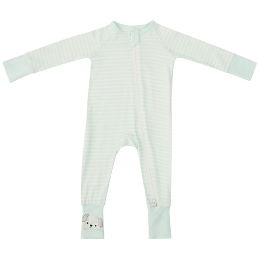 Striped bamboo baby and toddler pyjamas by Zelkii, featuring a YKK two-way zipper and a small embroidered puppy on the cuff