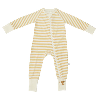 Striped bamboo baby and toddler pyjamas by Zelkii, featuring a YKK two-way zipper and a small embroidered teddy on the cuff