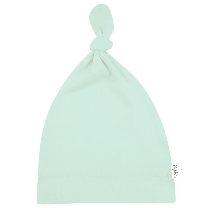 Zelkii light green coloured bamboo baby beanie with top knot