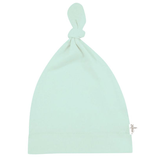 Zelkii light green coloured bamboo baby beanie with top knot