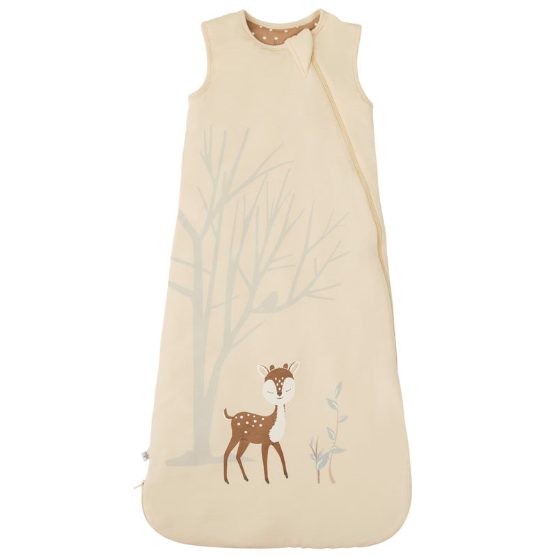 Zelkii  bamboo sleep sack for baby or toddler in light brown with a fawn and nature tree design