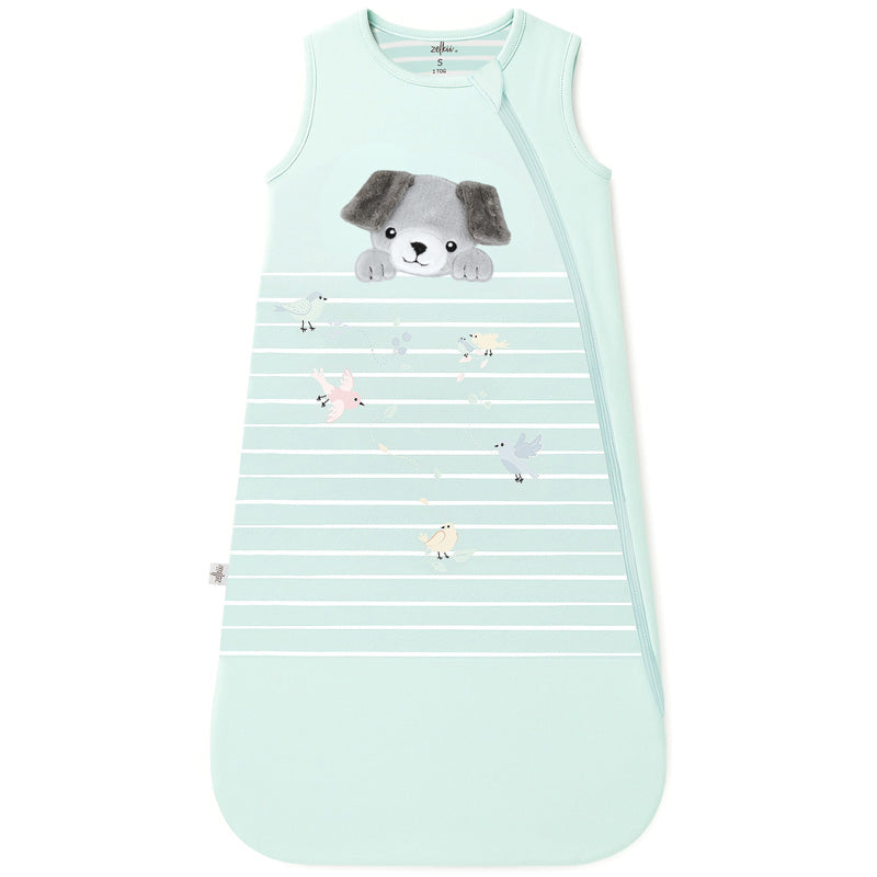 Zelkii  bamboo sleep sack for baby or toddler in light blue with a puppy and little birdie design