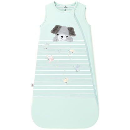 Zelkii  bamboo sleep sack for baby or toddler in light blue with a puppy and little birdie design