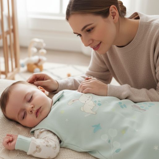 A mother looks lovingly at her baby, who is sleeping soundly in a Zelkii mint green bunny bamboo sleep sack.