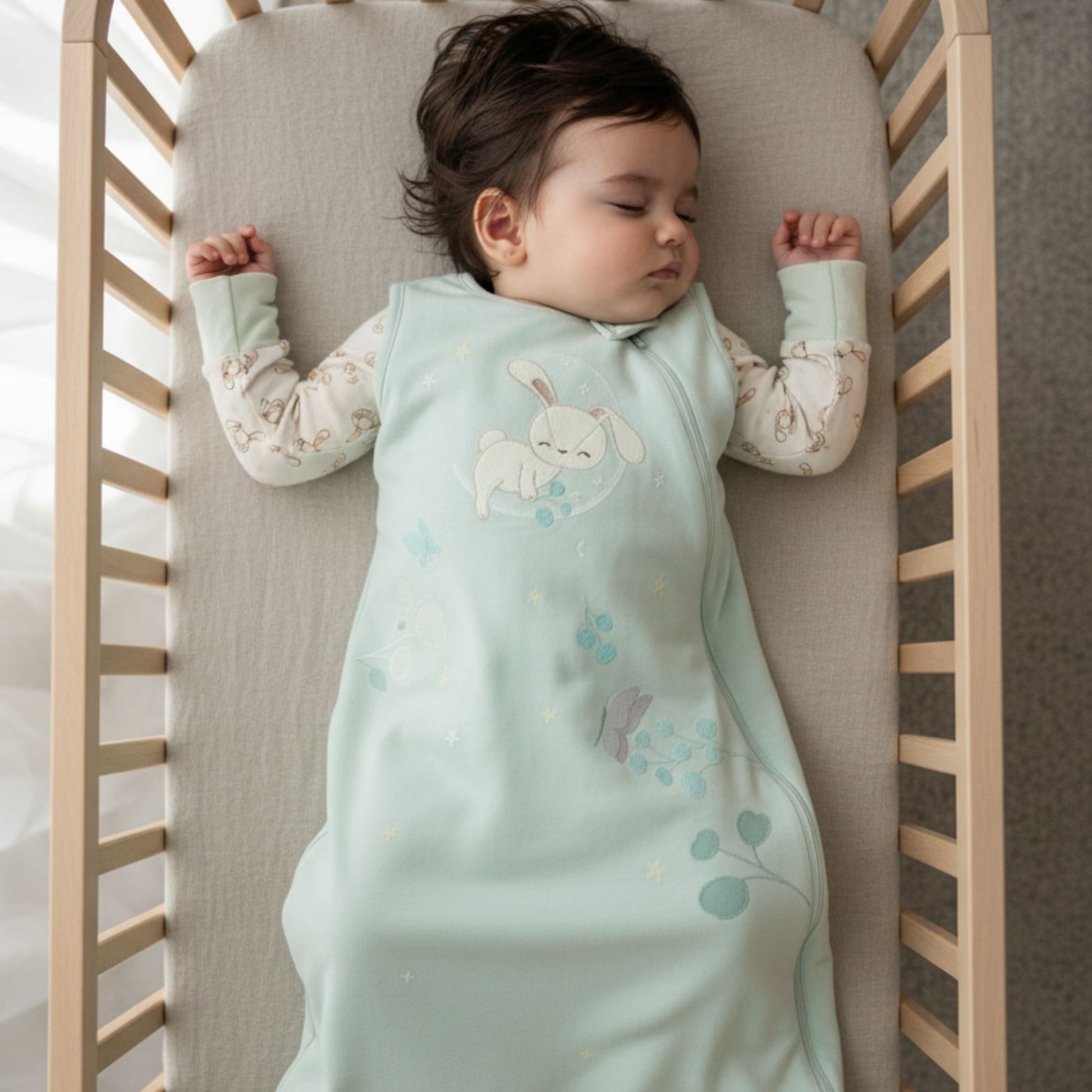Sleeping baby in a Zelkii bamboo sleep sack featuring a cute bunny and cloud design
