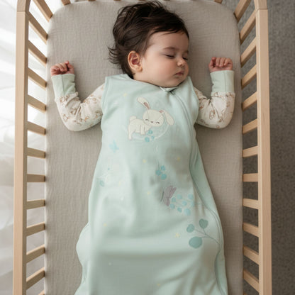 Sleeping baby in a Zelkii bamboo sleep sack featuring a cute bunny and cloud design

