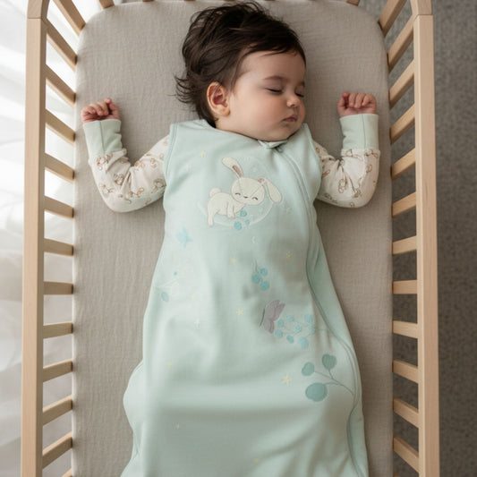 Sleeping baby in a Zelkii bamboo sleep sack featuring a cute bunny and cloud design
