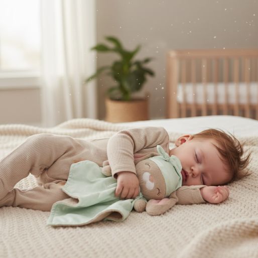 A baby sleeping on a bed while holding the 'asleep' side of a Zelkii mint green bunny LuviDuvi lovey.