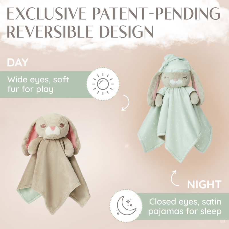 Image explaining the 'Exclusive Patent-Pending Reversible Design' of the Zelkii bunny LuviDuvi lovey, showing its 'Day' (awake) and 'Night' (asleep) side.
