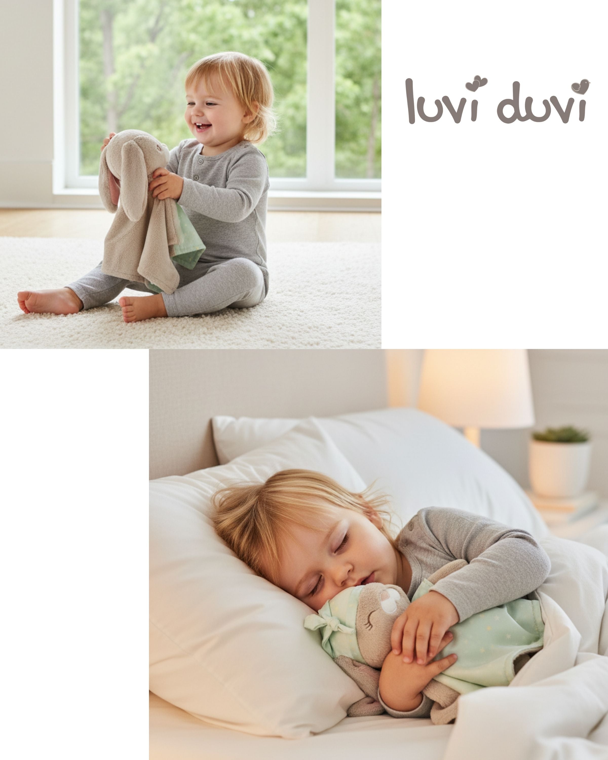 This 'playtime to bedtime' image shows a toddler first playing with the 'awake' Zelkii bunny LuviDuvi lovey, then sleeping soundly while cuddling its 'asleep' side.