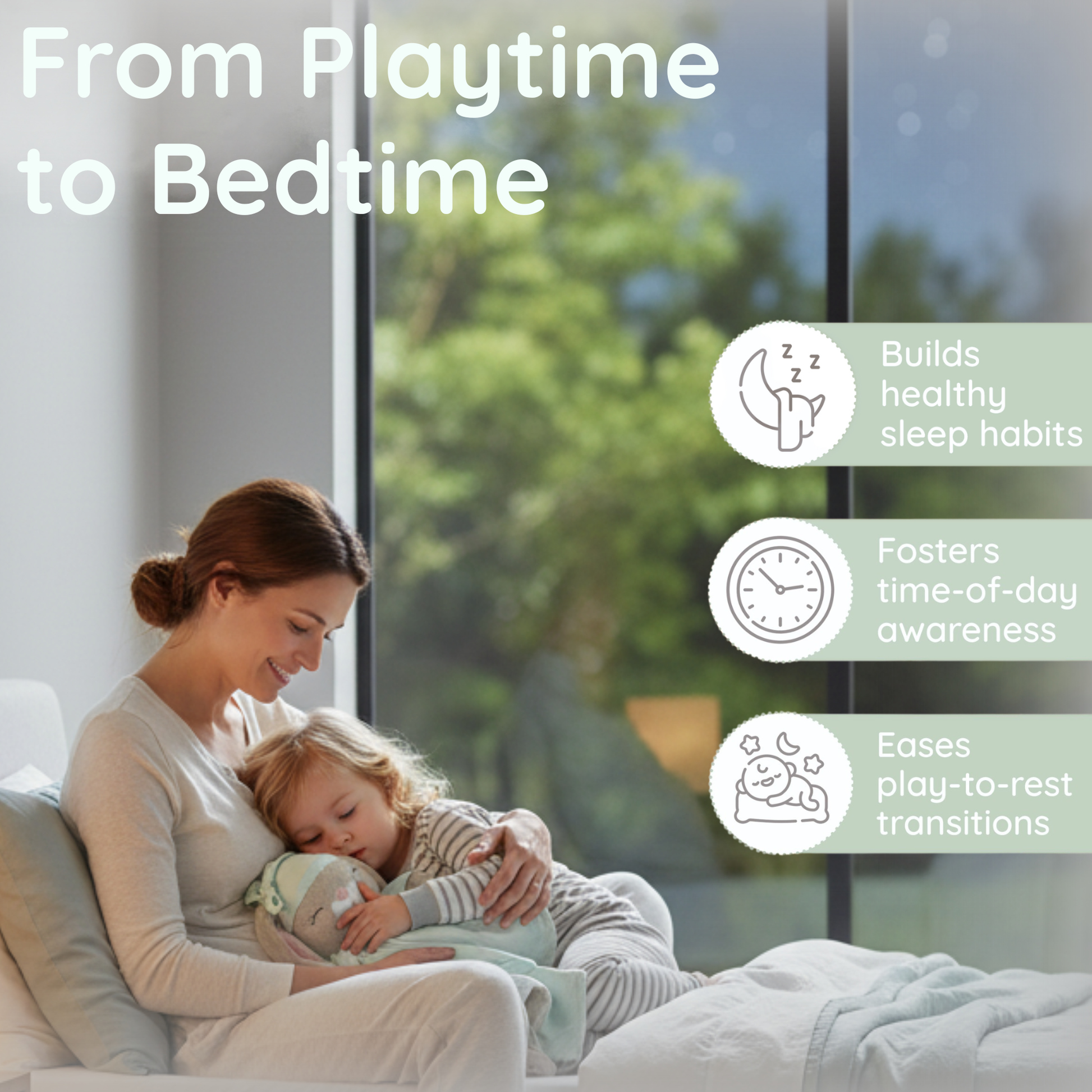 A mother holds a sleeping toddler, who is cuddling the 'asleep' side of a Zelkii mint green bunny LuviDuvi lovey, with text 'From Playtime to Bedtime.