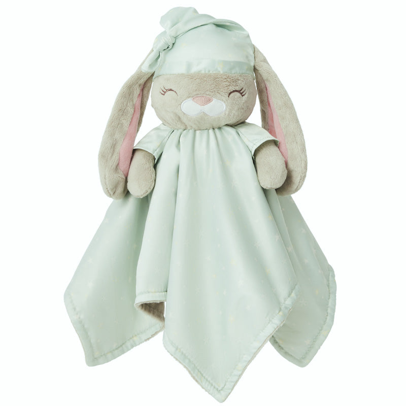 The 'asleep' side of a Zelkii bunny LuviDuvi lovey, showing its closed eyes with sleep hat and reversible mint green underside.