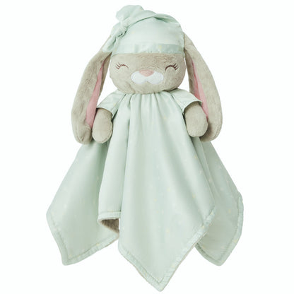 The 'asleep' side of a Zelkii bunny LuviDuvi lovey, showing its closed eyes with sleep hat and reversible mint green underside.