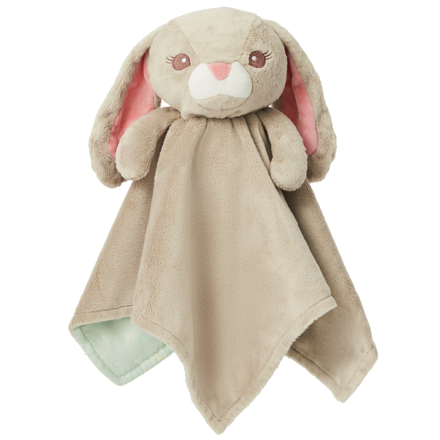 The 'awake' side of a Zelkii bunny LuviDuvi lovey, showing its open eyes and reversible solid grey underside.