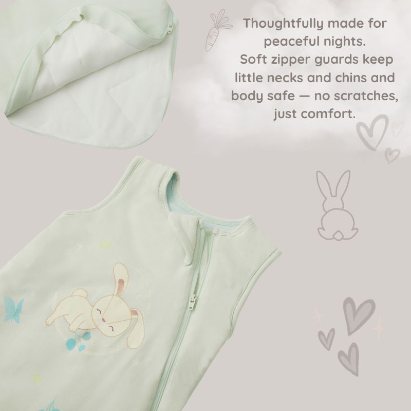 A close-up of the Zelkii bunny sleep sack, with an inset showing the soft interior zipper guard to prevent scratches, and text 'Thoughtfully made for peaceful nights.
