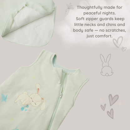 A close-up of the Zelkii bunny sleep sack, with an inset showing the soft interior zipper guard to prevent scratches, and text 'Thoughtfully made for peaceful nights.
