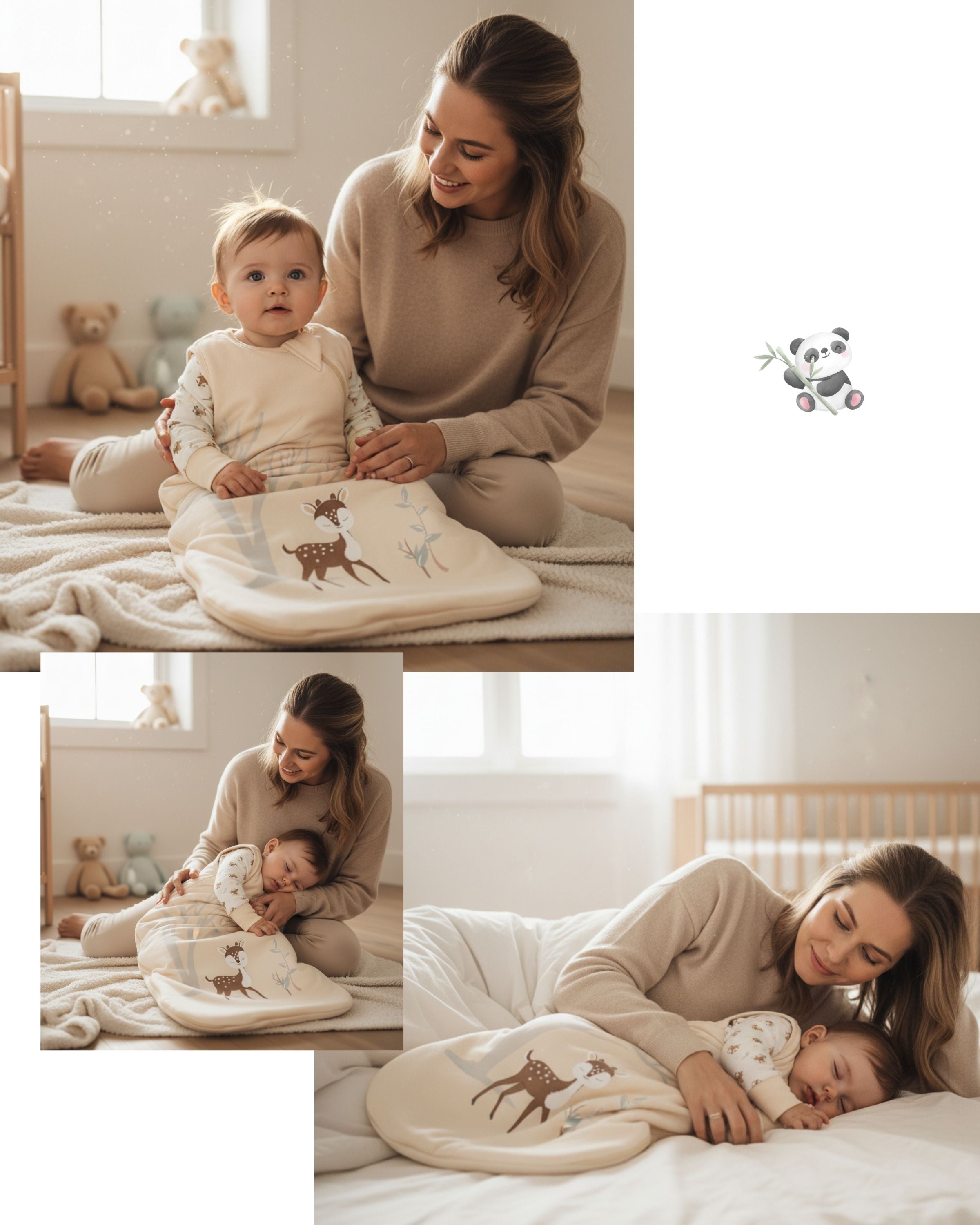 Three lifestyle images for the Zelkii 'Fawn Collection', showing a mother and her baby (who is wearing the fawn bamboo sleep sack) both awake and asleep.