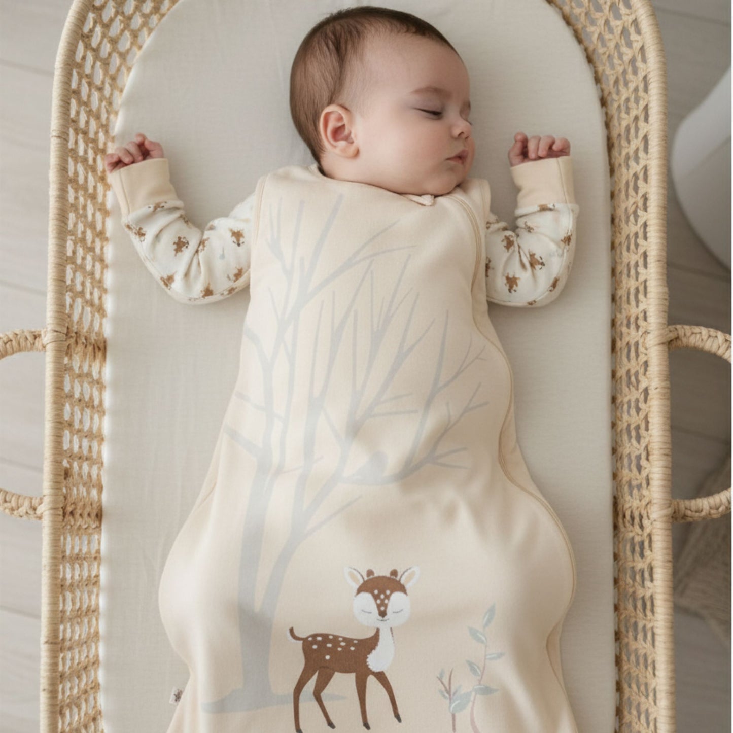 Sleeping baby in a Zelkii bamboo sleep sack featuring a cute fawn and tree design
