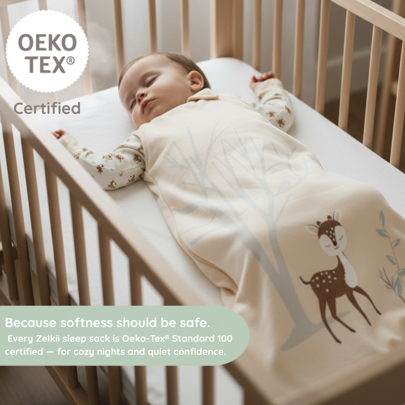 A baby sleeping peacefully in a crib, wearing a Zelkii bamboo sleep sack with a fawn and tree design, and an 'OEKO-TEX Certified' logo