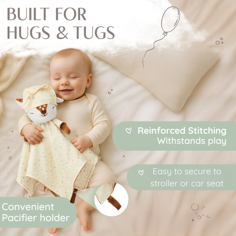 The 'asleep' Zelkii fawn LuviDuvi lovey, held by a sleeping baby, with features like 'Reinforced Stitching' and a 'Convenient Pacifier holder' highlighted.