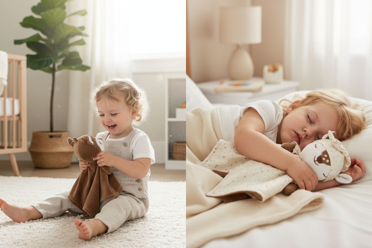 This 'playtime to bedtime' image shows a toddler first playing with the 'awake' brown fawn LuviDuvi lovey, then sleeping soundly while cuddling its 'asleep' side.