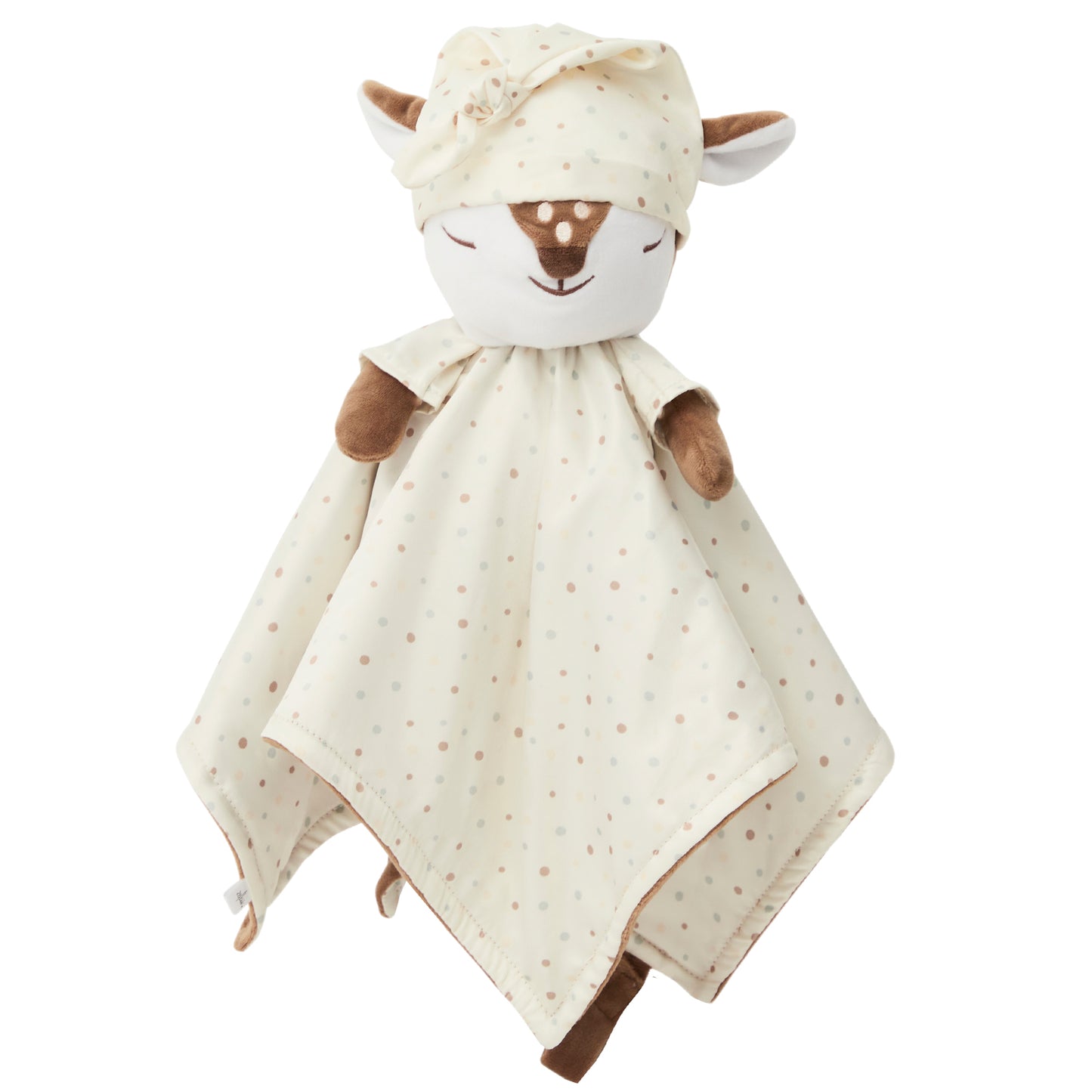 The 'asleep' side of a Zelkii fawn LuviDuvi lovey, showing its closed eyes with sleep hat and reversible polka dot underside.