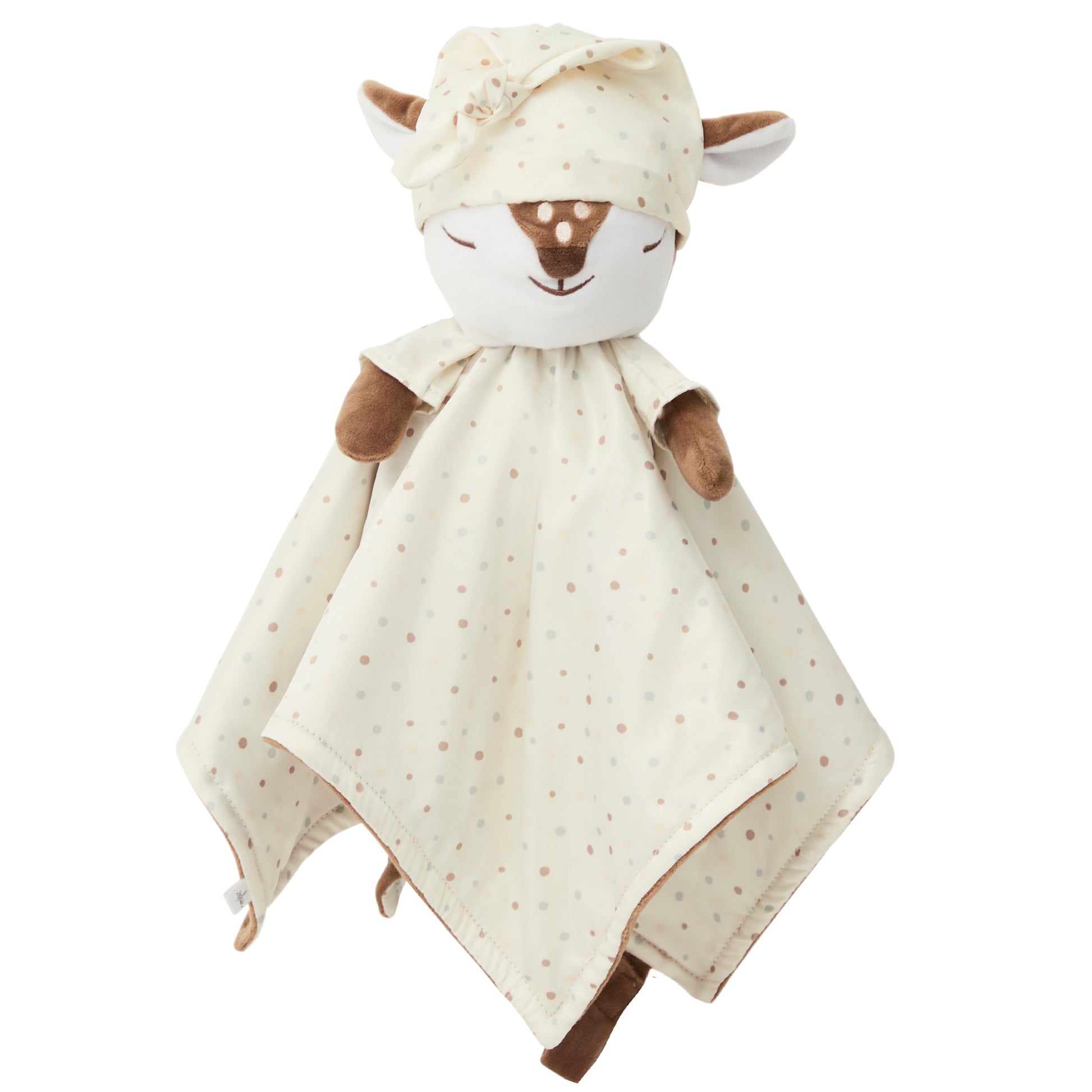 The 'asleep' side of a Zelkii fawn LuviDuvi lovey, showing its closed eyes with sleep hat and reversible polka dot underside.