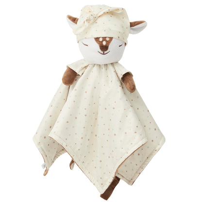 The 'asleep' side of a Zelkii fawn LuviDuvi lovey, showing its closed eyes with sleep hat and reversible polka dot underside.