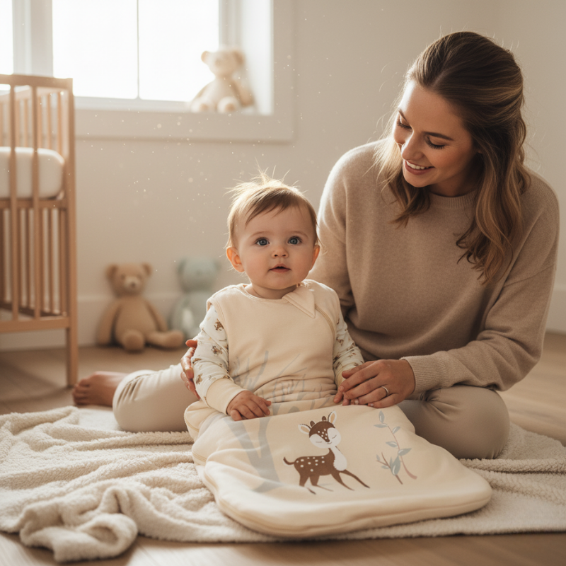 Lifestyle image of a baby wearing the Zelkii bamboo sleep sack with a fawn design, playing on the floor with its mother.