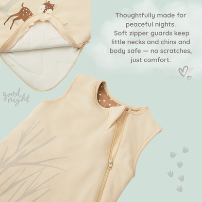 A close-up of the Zelkii fawn bamboo  sleep sack, with an inset showing the soft interior zipper guard to prevent scratches, and text 'Thoughtfully made for peaceful nights.
