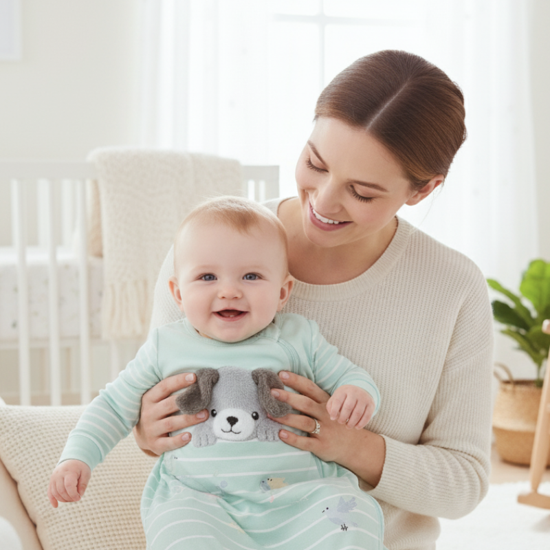 A happy baby wearing the Zelkii 'Puppy Collection' long-sleeve bamboo sleep sack, held by its mother in a bright nursery.