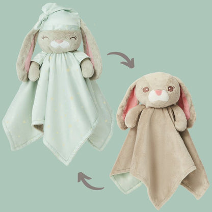 A soft Zelkii bunny LuviDuvi lovey, with images showing its reversible striped side.