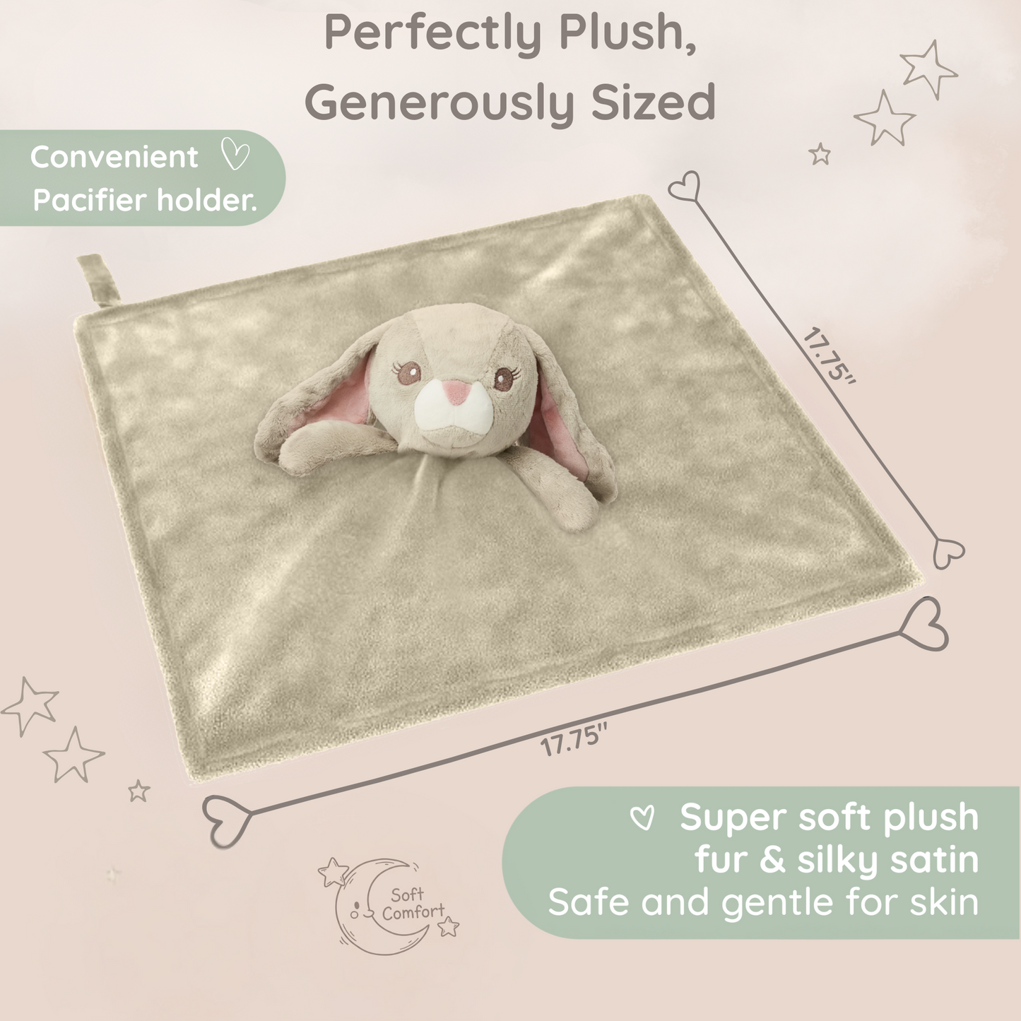 A Zelkii bunny LuviDuvi lovey, showing its 'awake' face and large 17.75-inch size, highlighting its 'convenient pacifier holder' and 'super soft plush fur.
