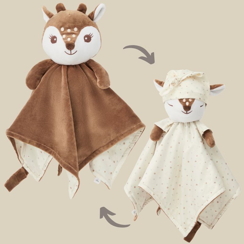 A soft Zelkii fawn LuviDuvi lovey, with images showing its reversible striped side.